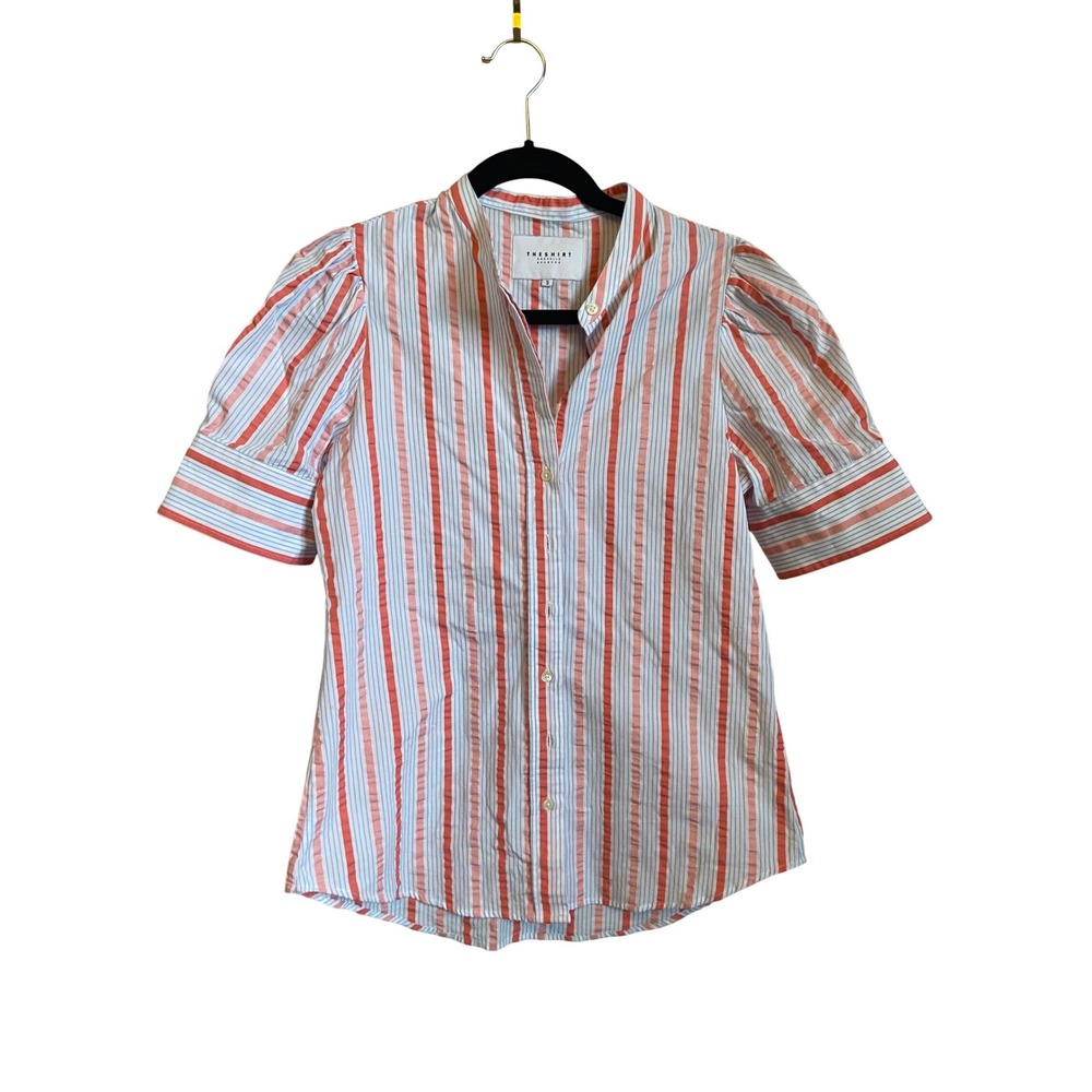 The Shirt Rochelle Behrens Blue Striped Puff Sleeve Button Down Shirt S